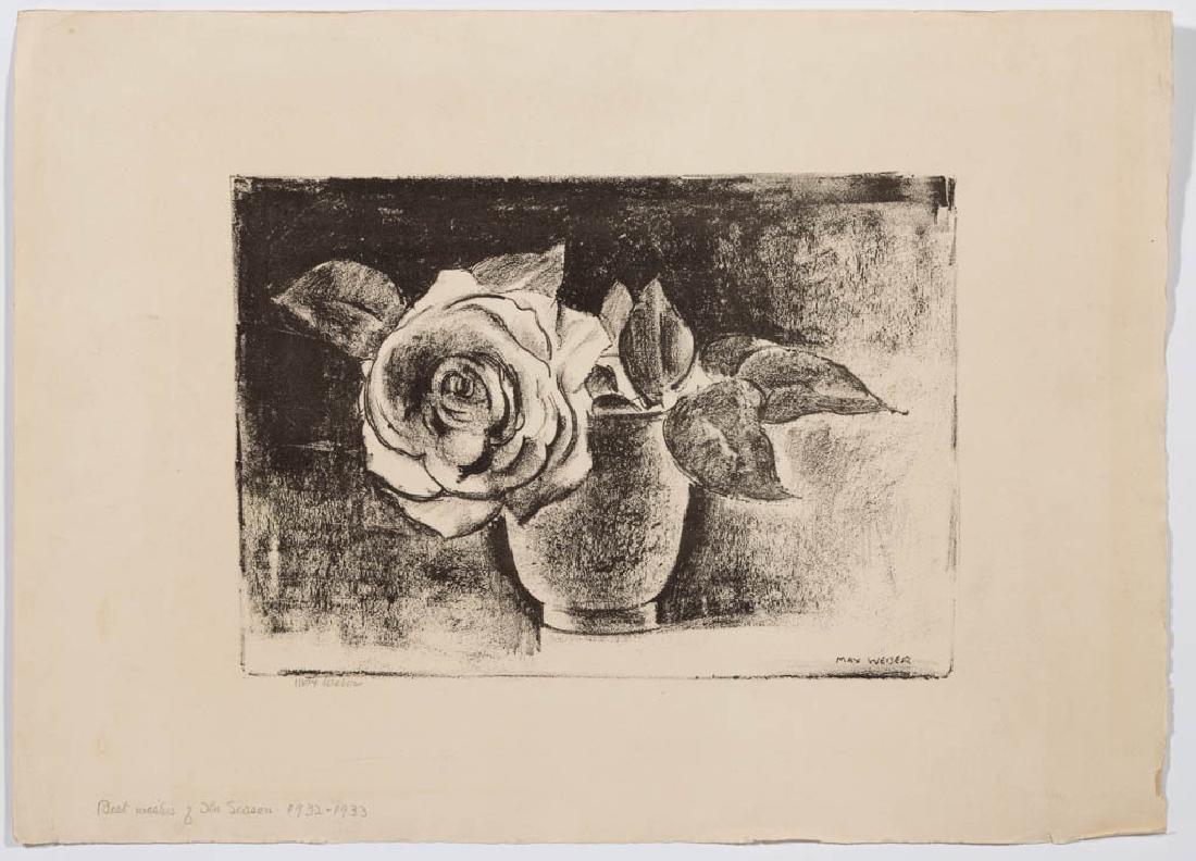 MAX WEBER (AMERICAN, 1881-1961) LITHOGRAPH ON PAPER: MAX WEBER (AMERICAN, 1881-1961) LITHOGRAPH ON PAPER, depicting a still life of a rose, pencil signed lower left, "RIVES" blind stamp lower right, inscribed verso, possibly by the artist, "Best wishes