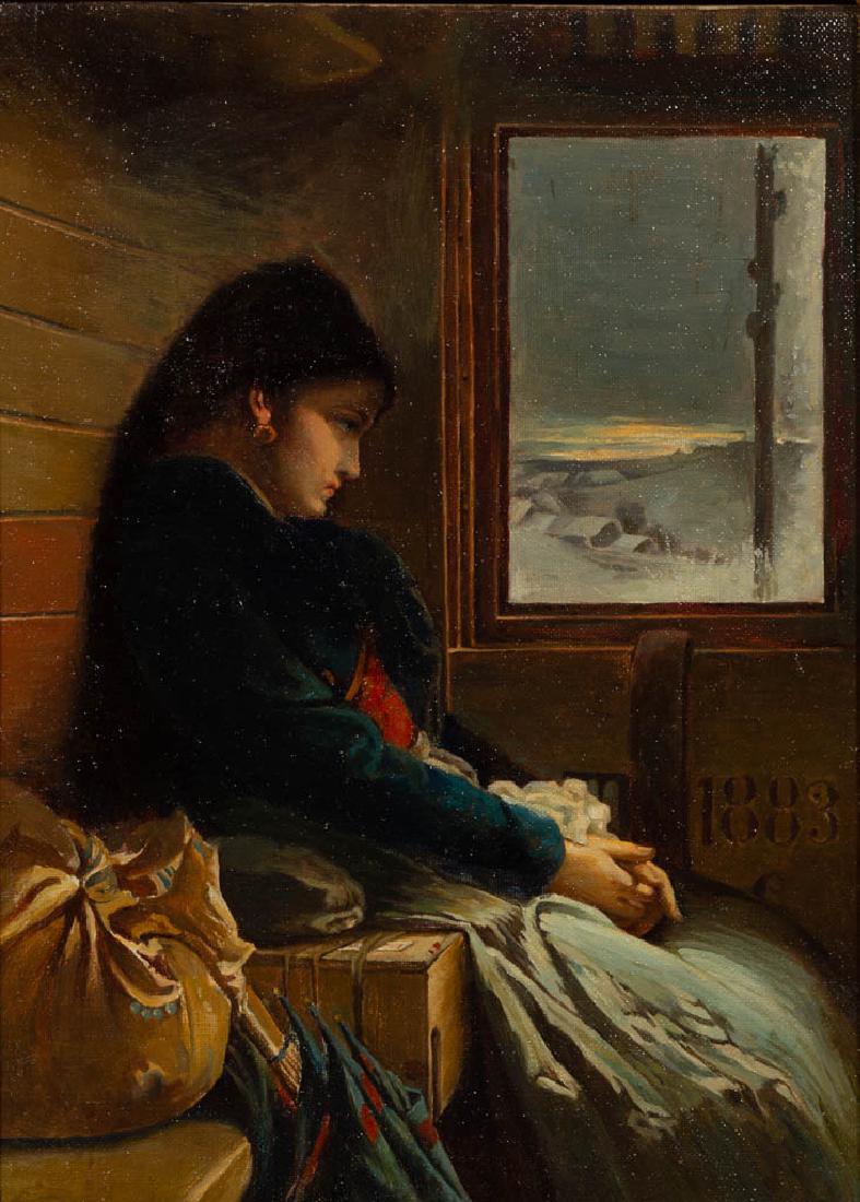 CONTINENTAL SCHOOL (19TH CENTURY) SENTIMENTAL GENRE: CONTINENTAL SCHOOL (19TH CENTURY) SENTIMENTAL GENRE PAINTING, oil on canvas, depicting a concerned young woman seated in a passenger / sleeper car of a train, townscape background with snow-capped roo