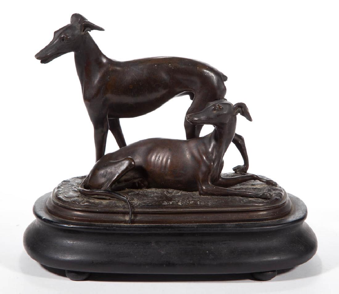 AFTER ALFRED BARYE (FRENCH, 1839-1882) BRONZE SCULPTURE: AFTER ALFRED BARYE (FRENCH, 1839-1882) BRONZE SCULPTURE, depicting two whippet dogs on leaves, no markings, raised on a painted wooden base. Retains a rich surface color. Probably 19th century. 8 1/2"