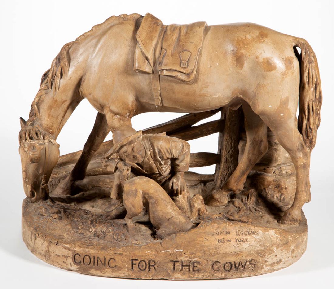 JOHN ROGERS PLASTER STATUARY GROUP: JOHN ROGERS PLASTER STATUARY GROUP, incised on front of base "GOING FOR THE COWS", and "JOHN ROGERS / NEW YORK" above title, depicting a horse grazing in front of a downed fence with a boy watching hi