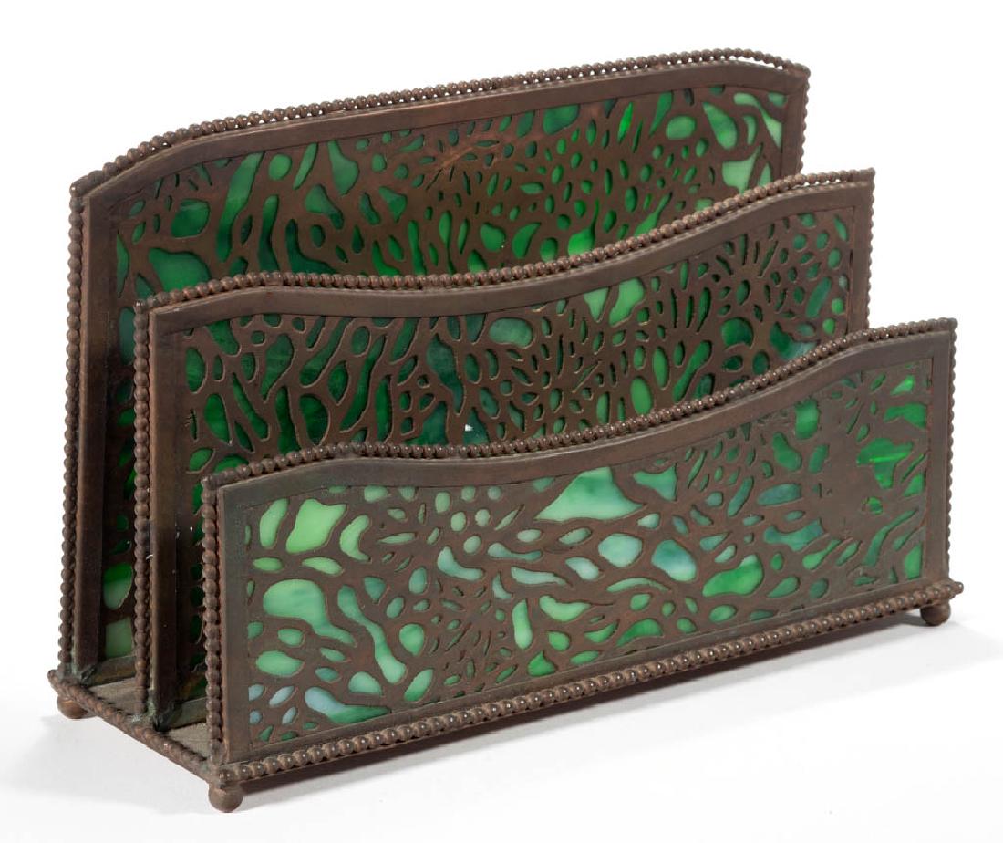 RIVIERE STUDIOS GRAPEVINE PAPER RACK: RIVIERE STUDIOS GRAPEVINE PAPER RACK, green slag glass, with applied beaded decoration, signed to the underside "RIVIERE STUDIOS/NEW YORK". New York. Early 20th century. 5 3/8" H, 3" x 8 3/8".Undamage