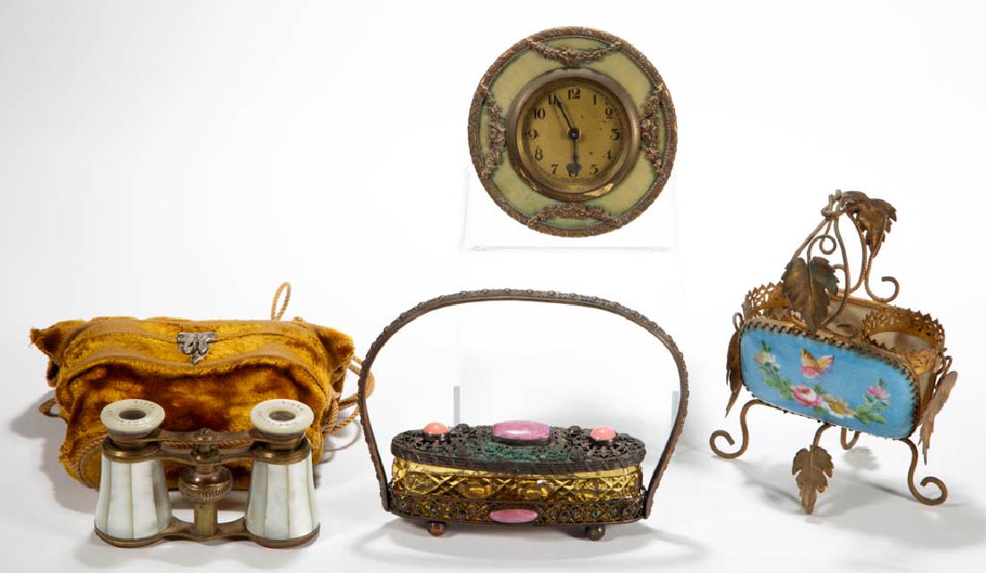 ASSORTED DOMESTIC ARTICLES, LOT OF FOUR: ASSORTED DOMESTIC ARTICLES, LOT OF FOUR, comprising a "Chevalier / Paris" mother-of-pearl opera glasses with possibly original case, painted porcelain salt and pepper shaker holder, "Made in Germany"