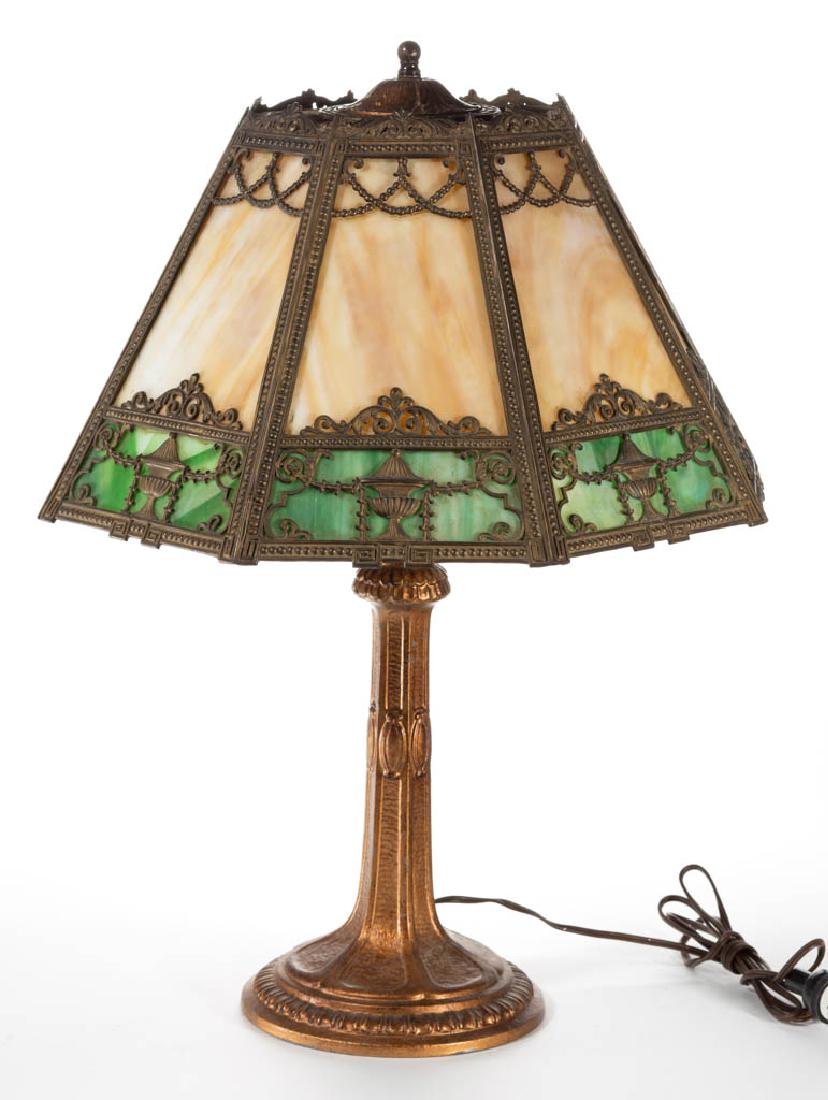 PITTSBURGH NO. 8-805 SLAG GLASS TABLE LAMP: PITTSBURGH NO. 8-805 SLAG GLASS TABLE LAMP, Italian Bronze finish, hexagonal metal base with oval medallions to each column, fluted upper step. Topped with a hexagonal amber and green slag glass shade