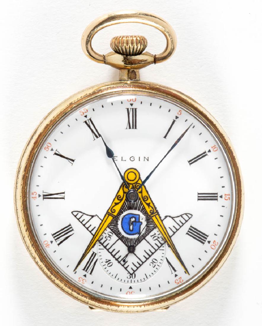 ELGIN 15-JEWEL OPEN-FACE MASONIC POCKET WATCH: ELGIN 15-JEWEL OPEN-FACE MASONIC POCKET WATCH, serial number 16197012, Model 3, gold-filled case, white porcelain dial with sunk seconds, blued-steel hands, and Masonic iconography. Circa 1912. Size 1