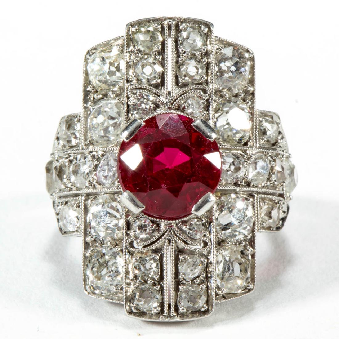 ANTIQUE ART DECO PLATINUM, DIAMOND, AND RUBY LADY'S: ANTIQUE ART DECO PLATINUM, DIAMOND, AND RUBY LADY'S RING, center round faceted synthetic ruby in four-prong setting measuring approximately 7.5 mm x 7.5 mm x 5.4 mm, estimated weight of 2.41 ct.; ring