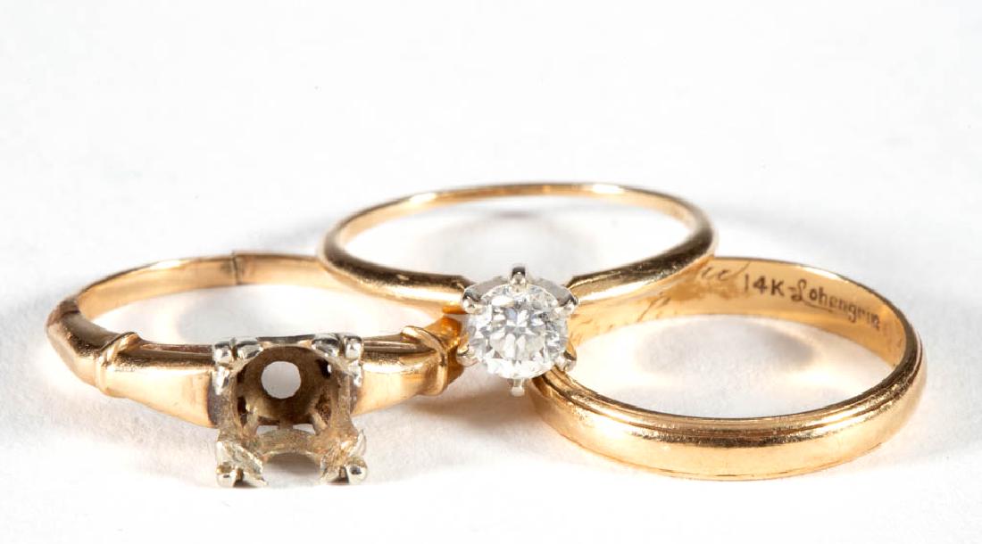 VINTAGE 14K YELLOW GOLD LADY'S RINGS, LOT OF THREE: VINTAGE 14K YELLOW GOLD LADY'S RINGS, LOT OF THREE, comprising one solitaire example having a round brilliant-cut diamond measuring approximately 4.5 mm x 4.5 mm x 2.6 mm in six-prong setting, estimat