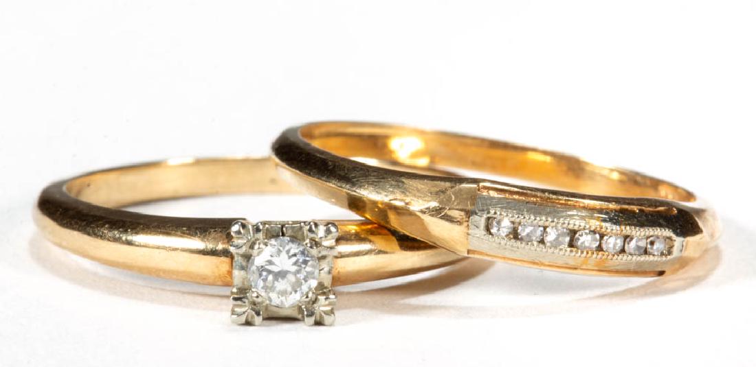 VINTAGE 14K YELLOW GOLD AND DIAMOND LADY'S RING AND: VINTAGE 14K YELLOW GOLD AND DIAMOND LADY'S RING AND BAND, comprising a solitaire ring having single round brilliant-cut diamond measuring approximately 2.9 mm x 2.9 mm x 1.9 mm, estimated weight of 0.