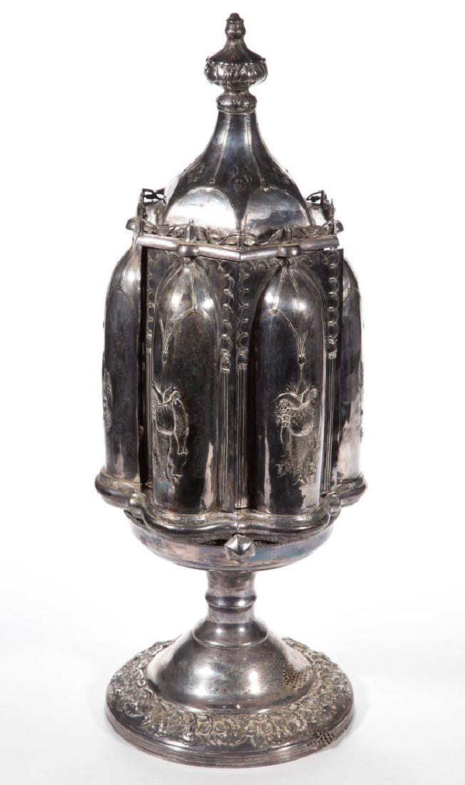 ROSWELL GLEASON & SONS GOTHIC REVIVAL SILVER-PLATED: ROSWELL GLEASON & SONS GOTHIC REVIVAL SILVER-PLATED "MAGIC CASTER" CRUET HOLDER, having a Cathedral-esque form containing revolving doors that open simultaneously when the knob is twisted to reveal in