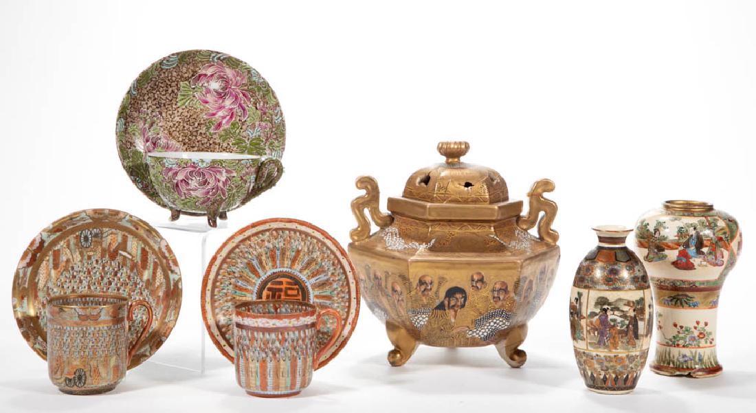 JAPANESE CERAMIC ARTICLES, LOT OF NINE: JAPANESE CERAMIC ARTICLES, LOT OF NINE, comprising a Satsuma tripod covered censer with images of immortal figures and moriage dragons, one tri-footed cup and saucer set having beautiful polychrome ha