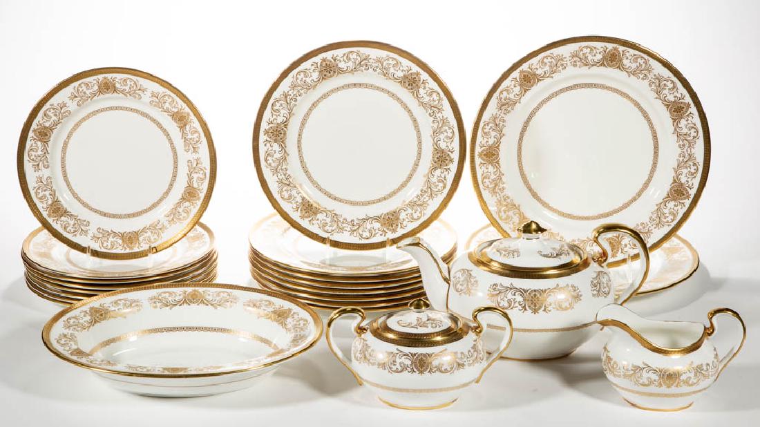 ENGLISH AYNSLEY "IMPERIAL GOLD" BONE CHINA TABLE AND: ENGLISH AYNSLEY "IMPERIAL GOLD" BONE CHINA TABLE AND TEA ARTICLES, LOT OF 22, comprising eight 8 3/8" D plates, eight 9 1/4" D plates, two 10 1/2" D plates, one oval vegetable dish, one covered teapot
