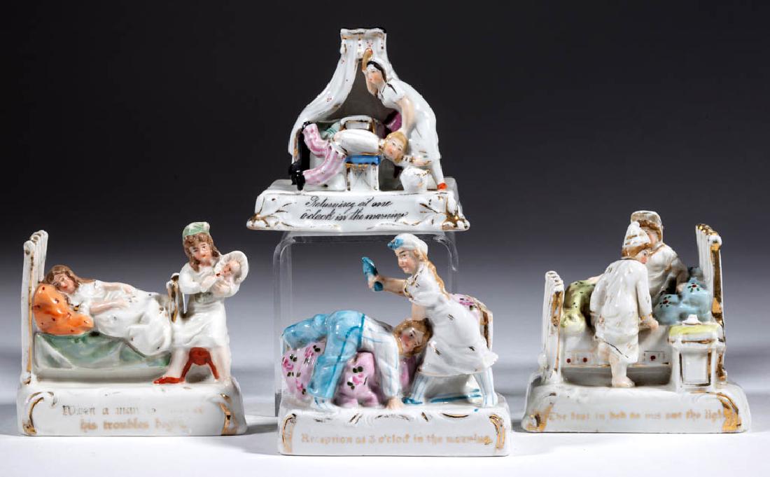 GERMAN PORCELAIN BED FAIRINGS, LOT OF FOUR: GERMAN PORCELAIN BED FAIRINGS, LOT OF FOUR, comprising two featuring one figure spanking another with a shoe with titles "Returning at one / o'clock in the morning." and "Reception at 3 o'clock in the