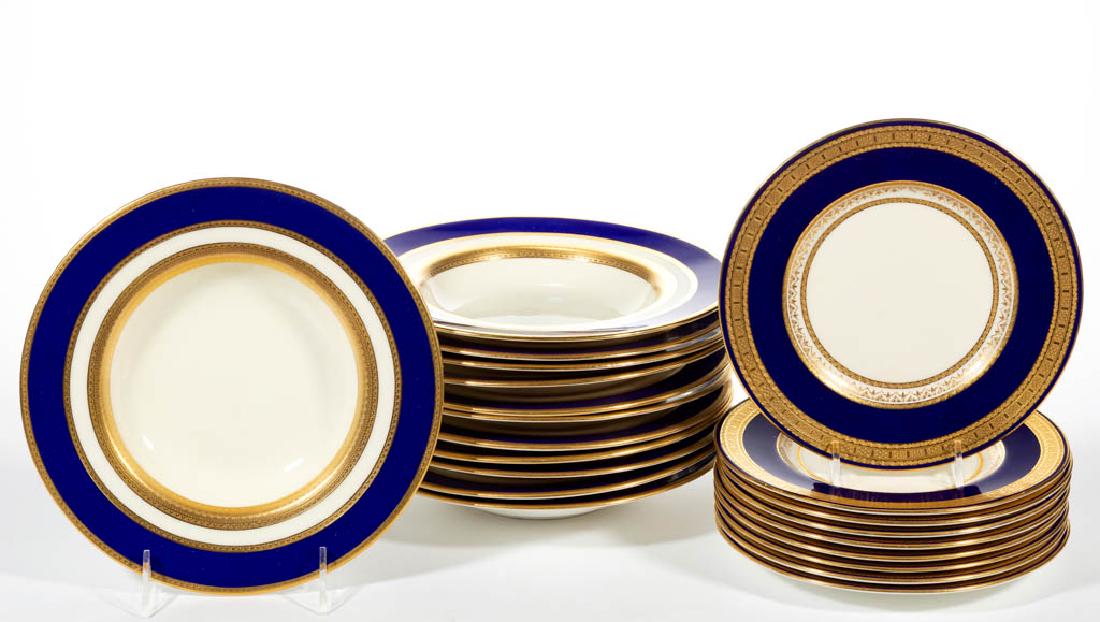 ENGLISH MINTONS TIFFANY & COMPANY CERAMIC TABLE: ENGLISH MINTONS TIFFANY & COMPANY CERAMIC TABLE ARTICLES, LOT OF 21, comprising twelve 8 3/4" D soup plates and nine 7 3/4" D plates, having similar elegant cobalt and gold encrusted pattern. Each hav