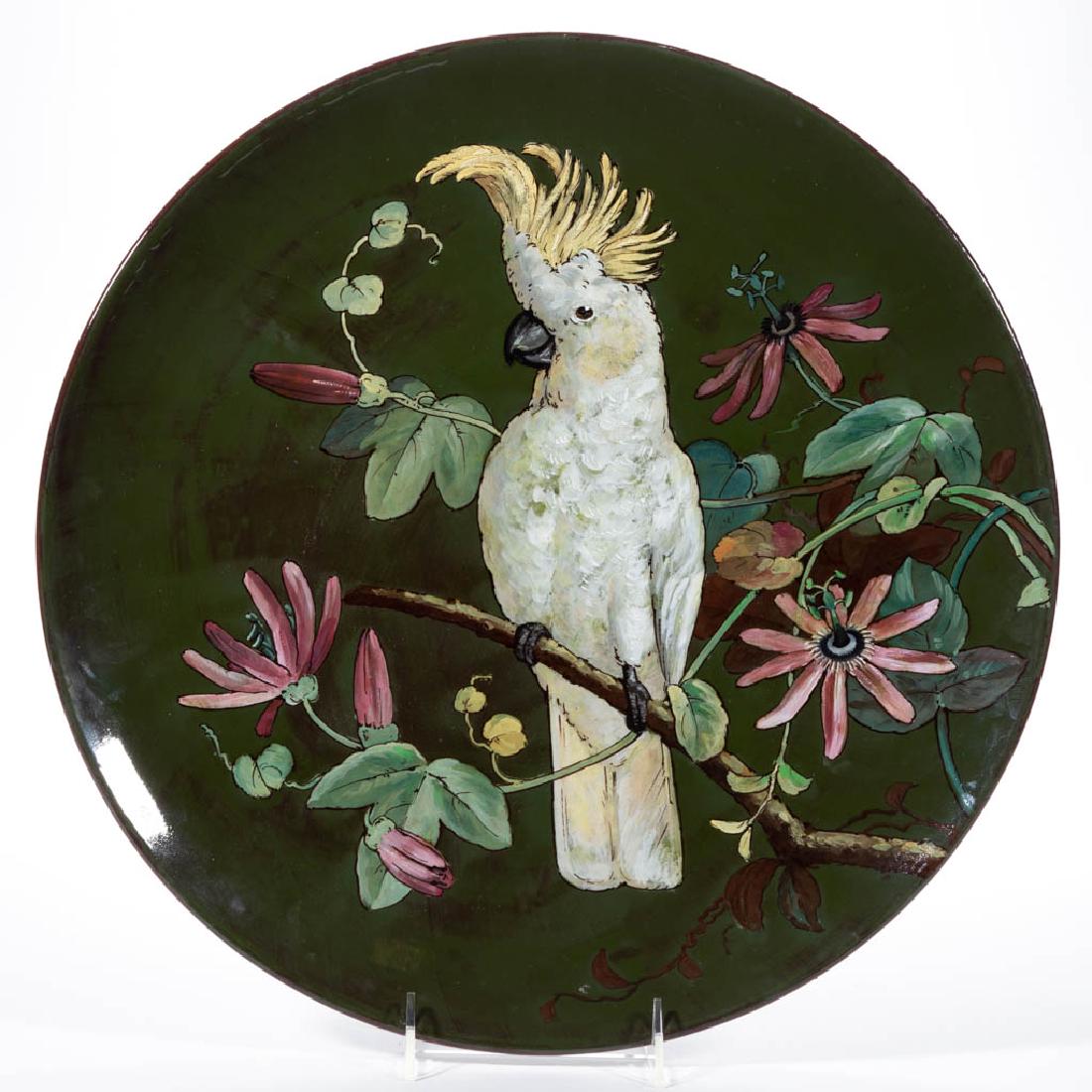 ENGLISH MINTONS COCKATOO / PARROT CERAMIC PLAQUE: ENGLISH MINTONS COCKATOO / PARROT CERAMIC PLAQUE, having large hand-painted perched white and yellow exotic bird with polychrome floral and vine background on dark green ground, having four drilled ho