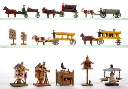 GERMAN WOODEN MINIATURE FIGURES, LOT OF 12: GERMAN WOODEN MINIATURE FIGURES, LOT OF 12, most pieces with polychrome-painted finishes, comprising six horse/cow-drawn carts, two trees, two windmills, a bird house, a chicken coop, and an airplane