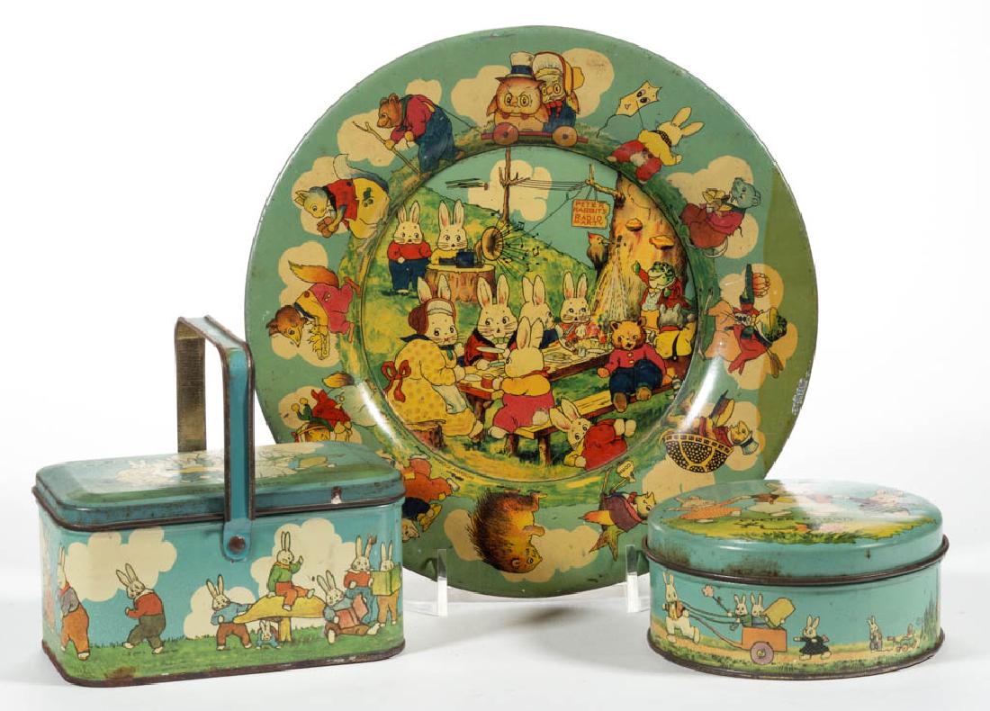 VINTAGE PETER RABBIT LITHOGRAPHED TIN ARTICLES, LOT OF (1 of 2)