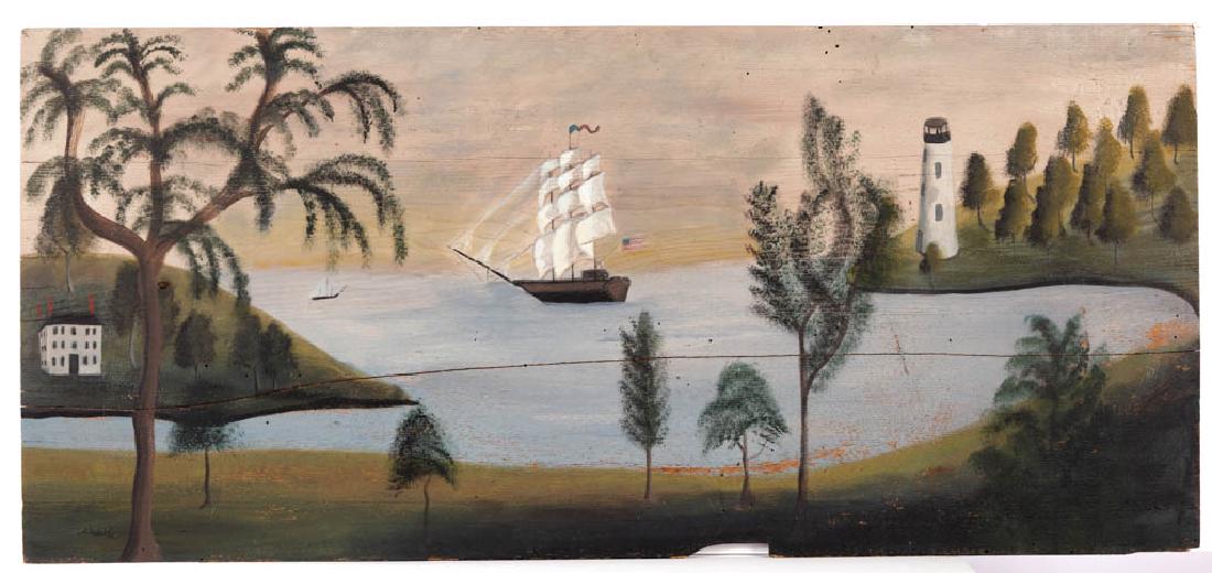 CONTEMPORARY FOLK ART PAINTED PINE OVERMANTEL PAINTING (1 of 3)