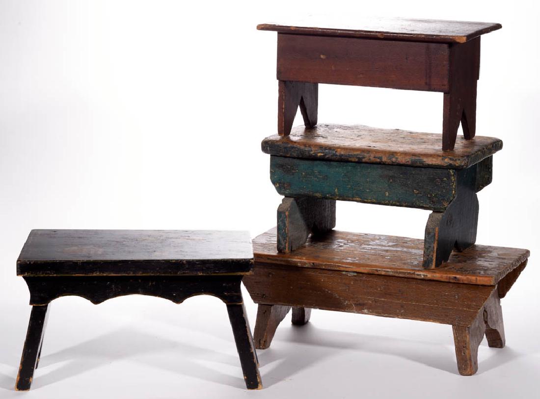 AMERICAN COUNTRY WOOD FOOT STOOLS, LOT OF FOUR (1 of 5)