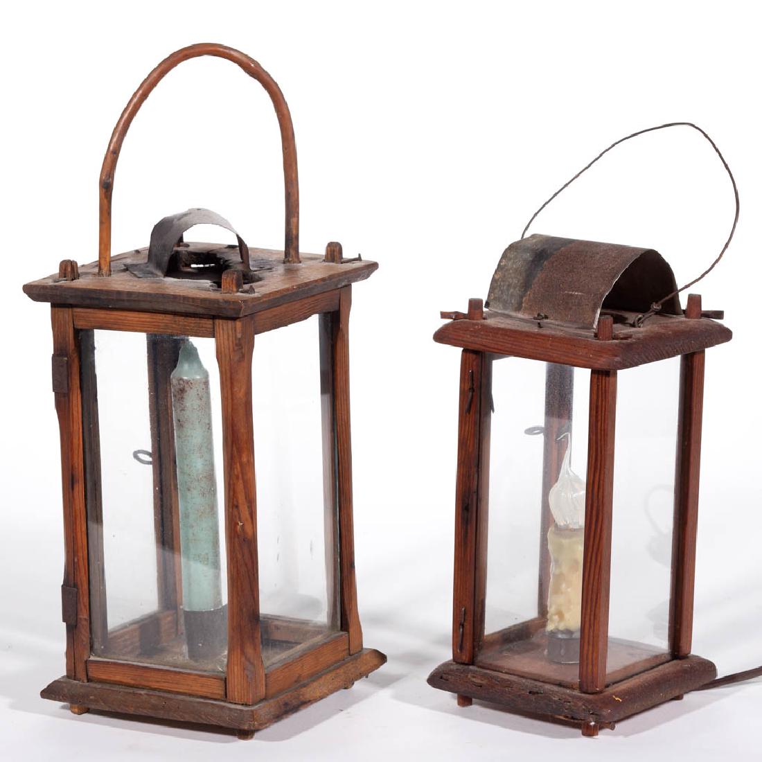 COUNTRY WOODEN-FRAME CANDLE LANTERNS, LOT OF TWO (1 of 2)