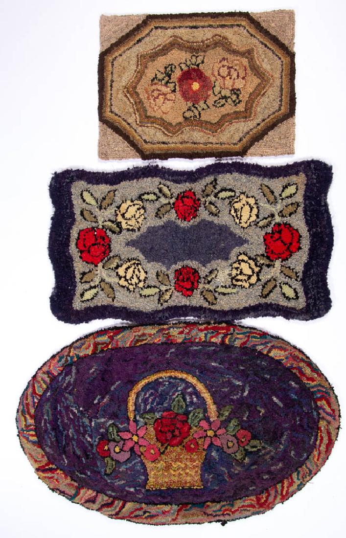 FOLK ART FLORAL HOOKED RUGS, LOT OF THREE (1 of 4)