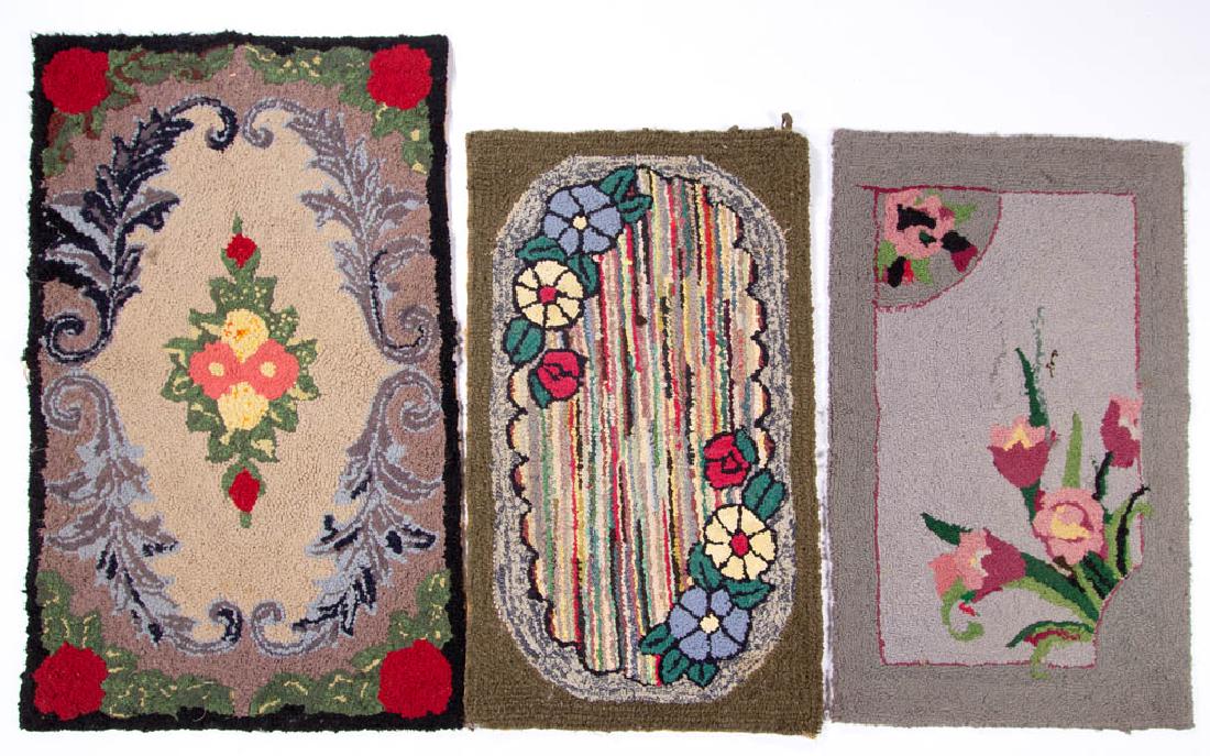 FOLK ART FLORAL HOOKED RUGS, LOT OF THREE (1 of 5)