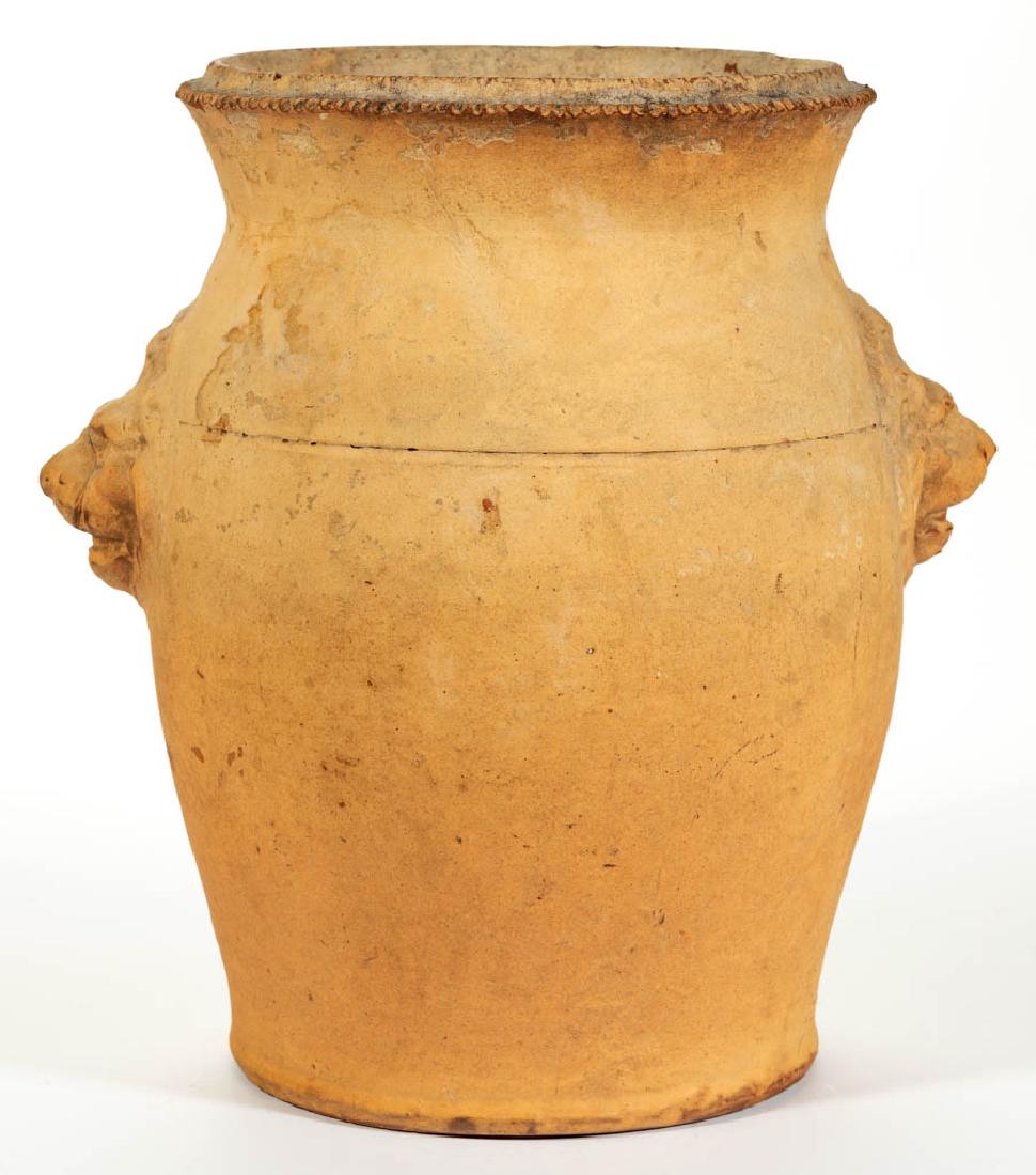 BELL FAMILY, STRASBURG, SHENANDOAH VALLEY OF VIRGINIA: BELL FAMILY, STRASBURG, SHENANDOAH VALLEY OF VIRGINIA EARTHENWARE / REDWARE VASE / URN, white-slip glazed, urn form with a coggled-edge rim, incised shoulder ring, and lion-mask handles, punched drain