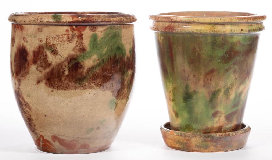 STRASBURG, SHENANDOAH VALLEY OF VIRGINIA: STRASBURG, SHENANDOAH VALLEY OF VIRGINIA POLYCHROME-DECORATED EARTHENWARE / REDWARE ARTICLES, LOT OF TWO, lead-, copper-, and manganese-glazed over a slip wash, comprising an approximately one-gallon