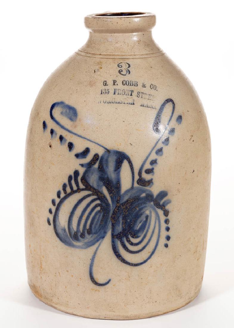 MASSACHUSETTS MERCHANT'S STAMPED STONEWARE JUG: MASSACHUSETTS MERCHANT'S STAMPED STONEWARE JUG, salt-glazed, "3" gallon capacity mark, beehive form with rounded oversized mouth, strap handle, and Albany-slip glazed interior, stamped "G. P. COBB & C