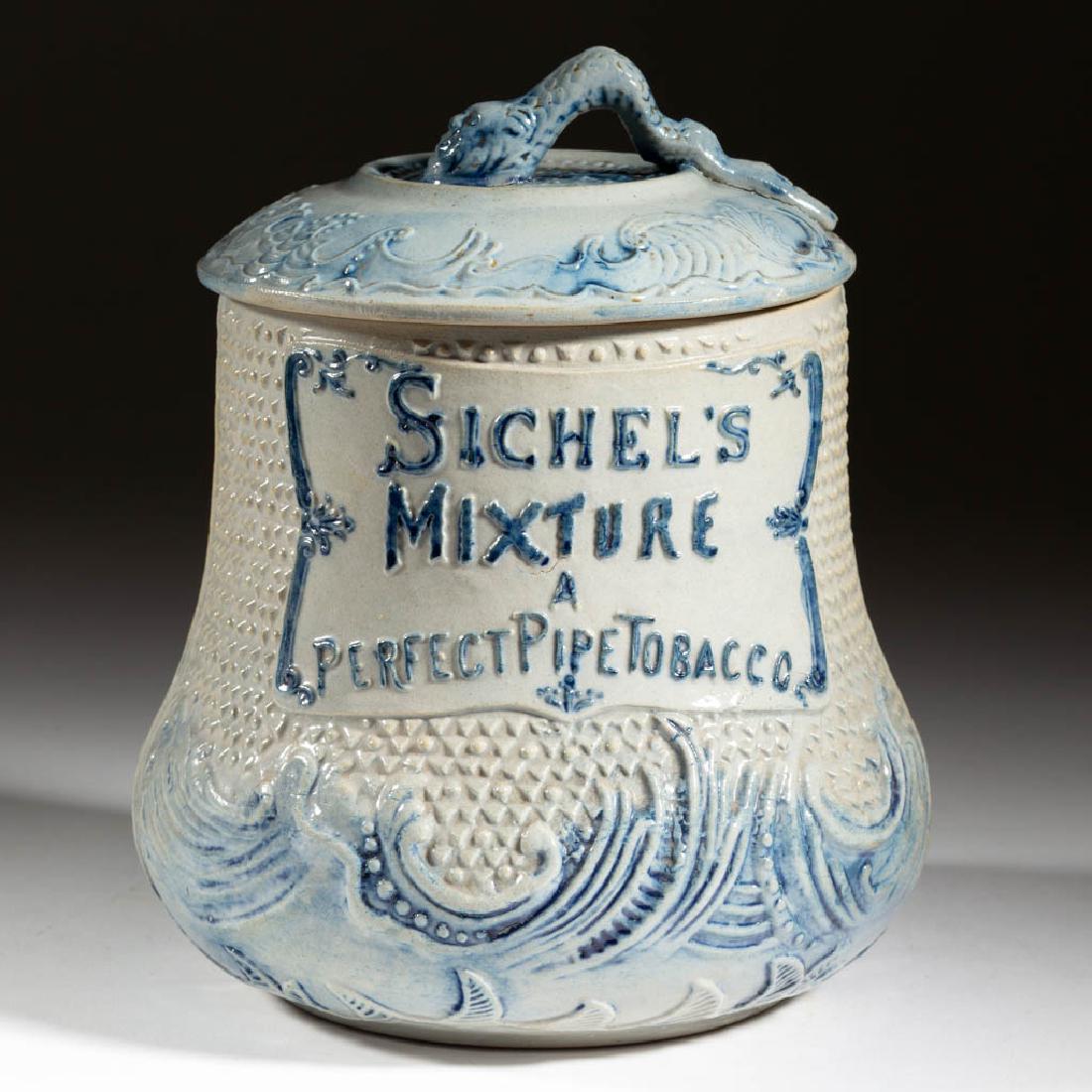 AMERICAN WHITE'S, UTICA, NEW YORK MOLDED STONEWARE: AMERICAN WHITE'S, UTICA, NEW YORK MOLDED STONEWARE COVERED TOBACCO JAR, salt-glazed, featuring central "SICHEL'S / MIXTURE / A / PERFECT PIPE TOBACCO" with relief decorations including cobalt wave mot
