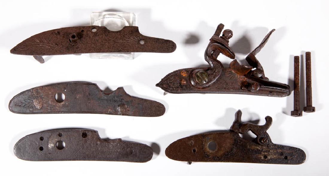 ASSORTED LONG RIFLE LOCK PLATES, LOT OF FIVE: ASSORTED LONG RIFLE LOCK PLATES, LOT OF FIVE, comprising a percussion example with nipple cover safety; a trade example; a reconverted English example marked for Charles Squire; an example marked "H. 