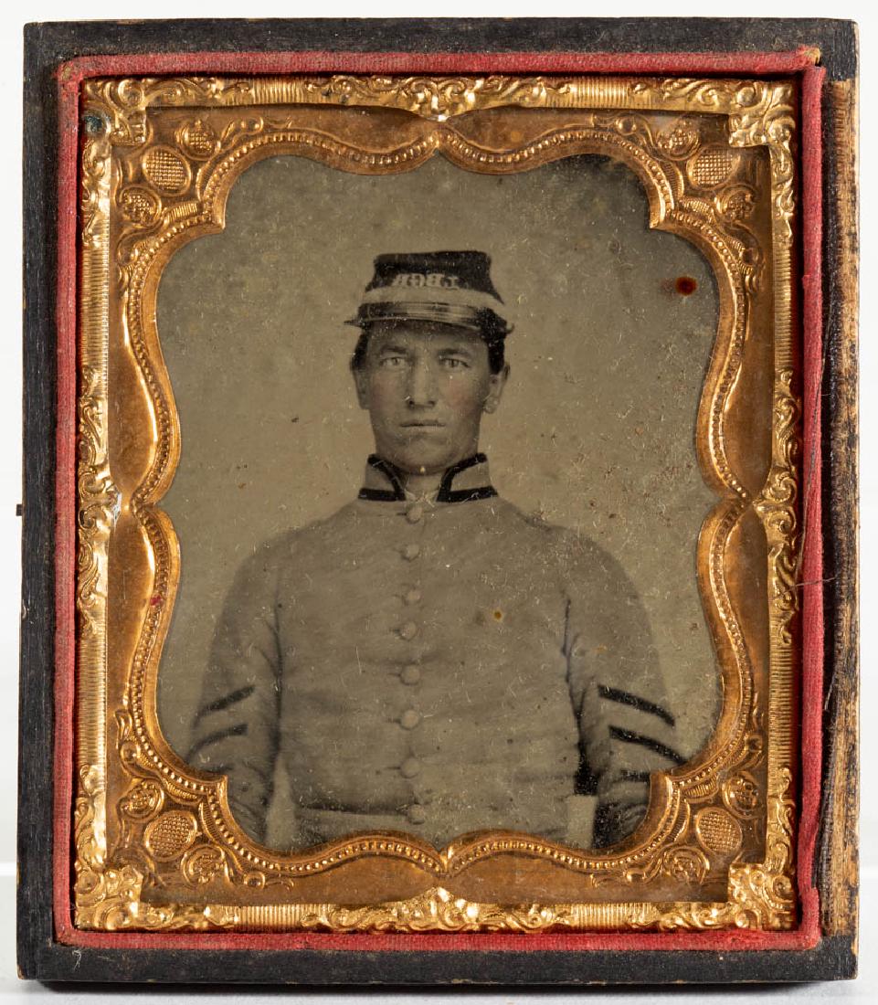 IDENTIFIED VIRGINIA CONFEDERATE LAUREL BRIGADE CIVIL: IDENTIFIED VIRGINIA CONFEDERATE LAUREL BRIGADE CIVIL WAR SOLDIER SIXTH-PLATE RUBY AMBROTYPE, depicting Joseph Newman Riddle (1832-1821), Brocks Gap, Rockingham Co., Shenandoah Valley of Virginia, in 2