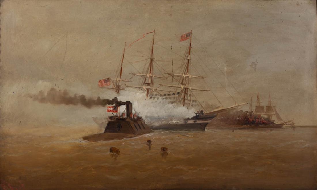 ALEXANDER CHARLES STUART (SCOTTISH-AMERICAN, 1831-1898): ALEXANDER CHARLES STUART (SCOTTISH-AMERICAN, 1831-1898) CIVIL WAR NAVAL ENGAGEMENT SCENE, oil on Academy board, signed "Stuart" lower left, depicting the ironclad, "CSS Virginia", against the frigate,
