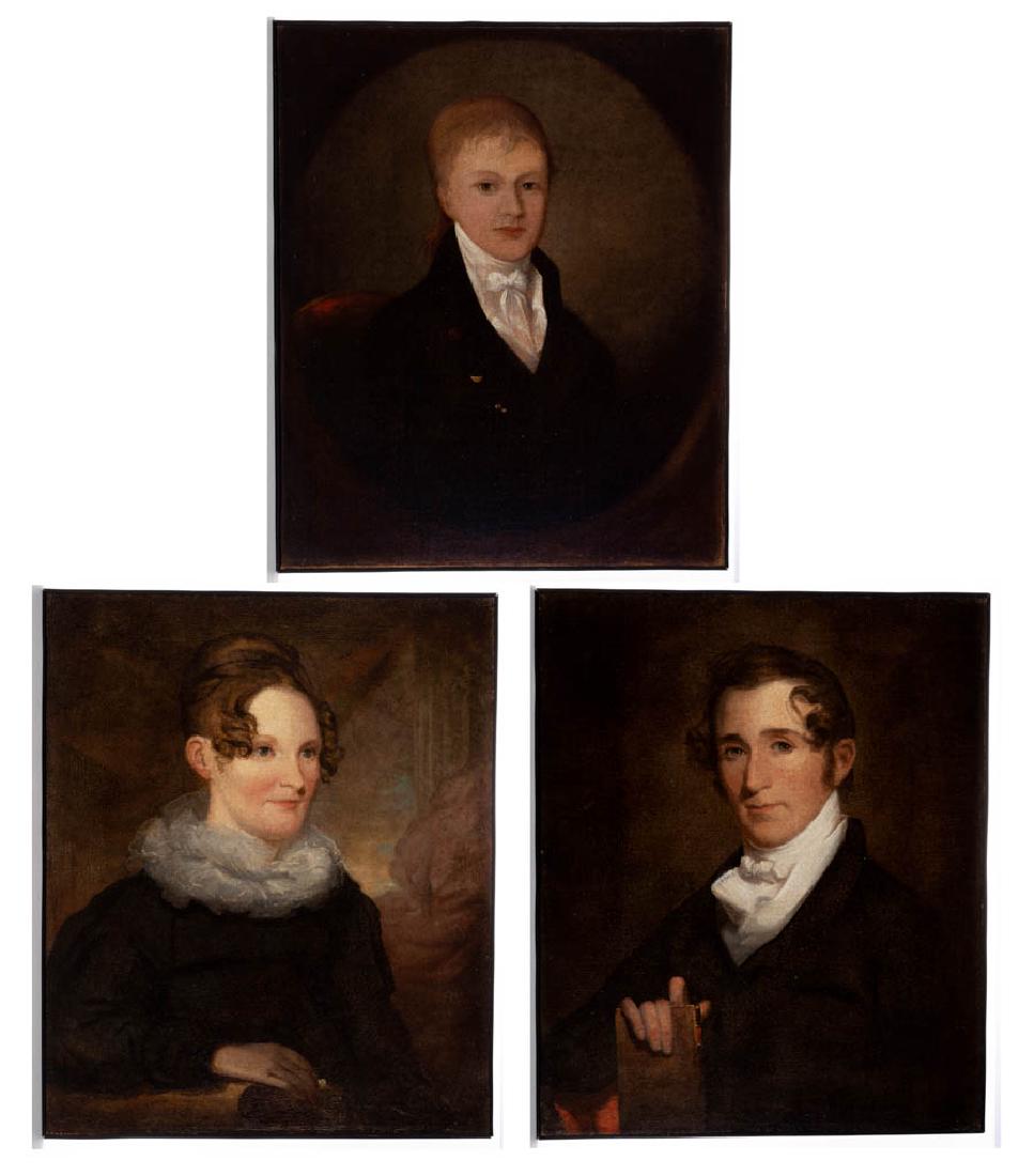 GROUP OF JAMES PEALE (PENNSYLVANIA, 1749-1831), OR: GROUP OF JAMES PEALE (PENNSYLVANIA, 1749-1831), OR SCHOOL OF, BYRNE FAMILY PORTRAITS, LOT OF THREE, oil on canvas laid on panel, each waist-length, comprising depictions of a mother, father, and son,