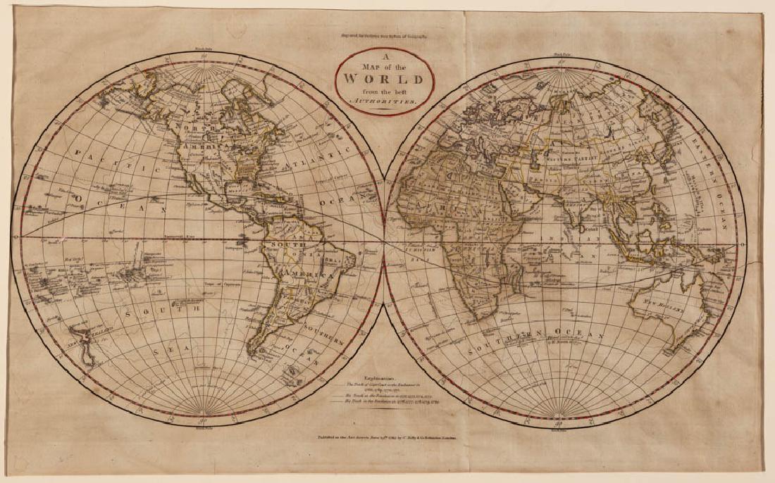 WILLIAM GUTHRIE (1708-1770) WORLD MAP: WILLIAM GUTHRIE (1708-1770) WORLD MAP, hand-colored engraving on paper, titled "A Map of the World from the best Authorities", published June 15th, 1785 by C. Dilly and G. Robinson, London. Detailed m
