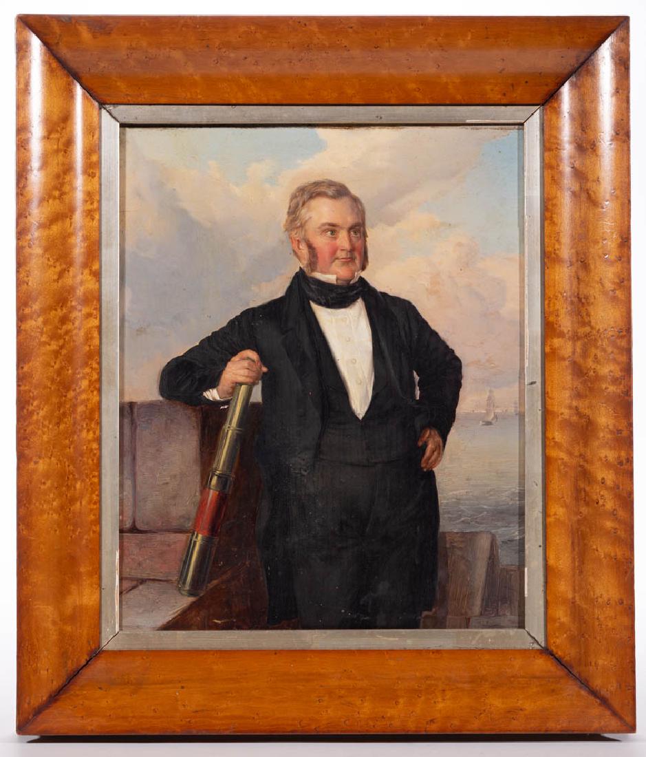 BRITISH SCHOOL (19TH C.) PORTRAIT OF A SHIP'S CAPTAIN: BRITISH SCHOOL (19TH C.) PORTRAIT OF A SHIP'S CAPTAIN, oil on panel, three-quarter length depiction of a figure standing at the dock with the sea and ships in the distance, he wearing high white stock