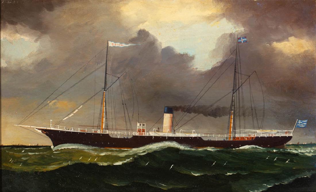 EUROPEAN SCHOOL (19TH C.) SHIP PORTRAIT: EUROPEAN SCHOOL (19TH C.) SHIP PORTRAIT, oil on canvas, depicting a center-stack steam-powered cutter-type vessel flying Greek flag, no signature located. Housed in a 19th-century gilt-and-gesso frame