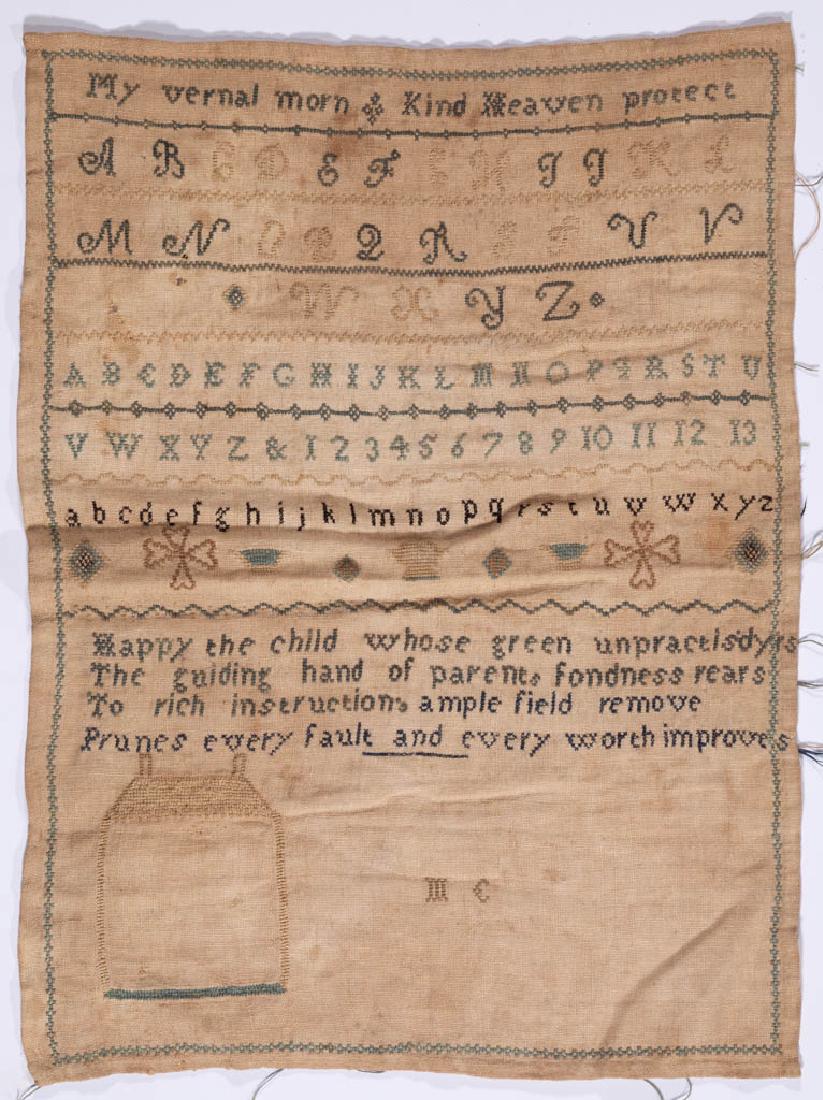 AMERICAN OR BRITISH PICTORIAL NEEDLEWORK SAMPLER: AMERICAN OR BRITISH PICTORIAL NEEDLEWORK SAMPLER, silk on linen, "My vernal morn / Kind Heaven protect" above six alphabet and numeral rows, center with line of motifs comprising baskets, four-leaf cl