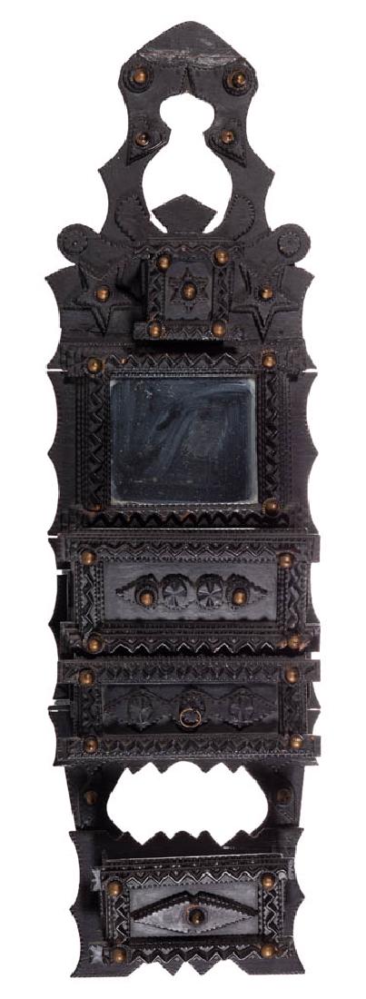 AMERICAN FOLK / TRAMP ART WALL / COMB BOX: AMERICAN FOLK / TRAMP ART WALL / COMB BOX, with applied geometric decoration, three-tiers of shelves, center shelf with original mirror and drawer made from "PURE & SWEET" cigar box. Retains an old bl