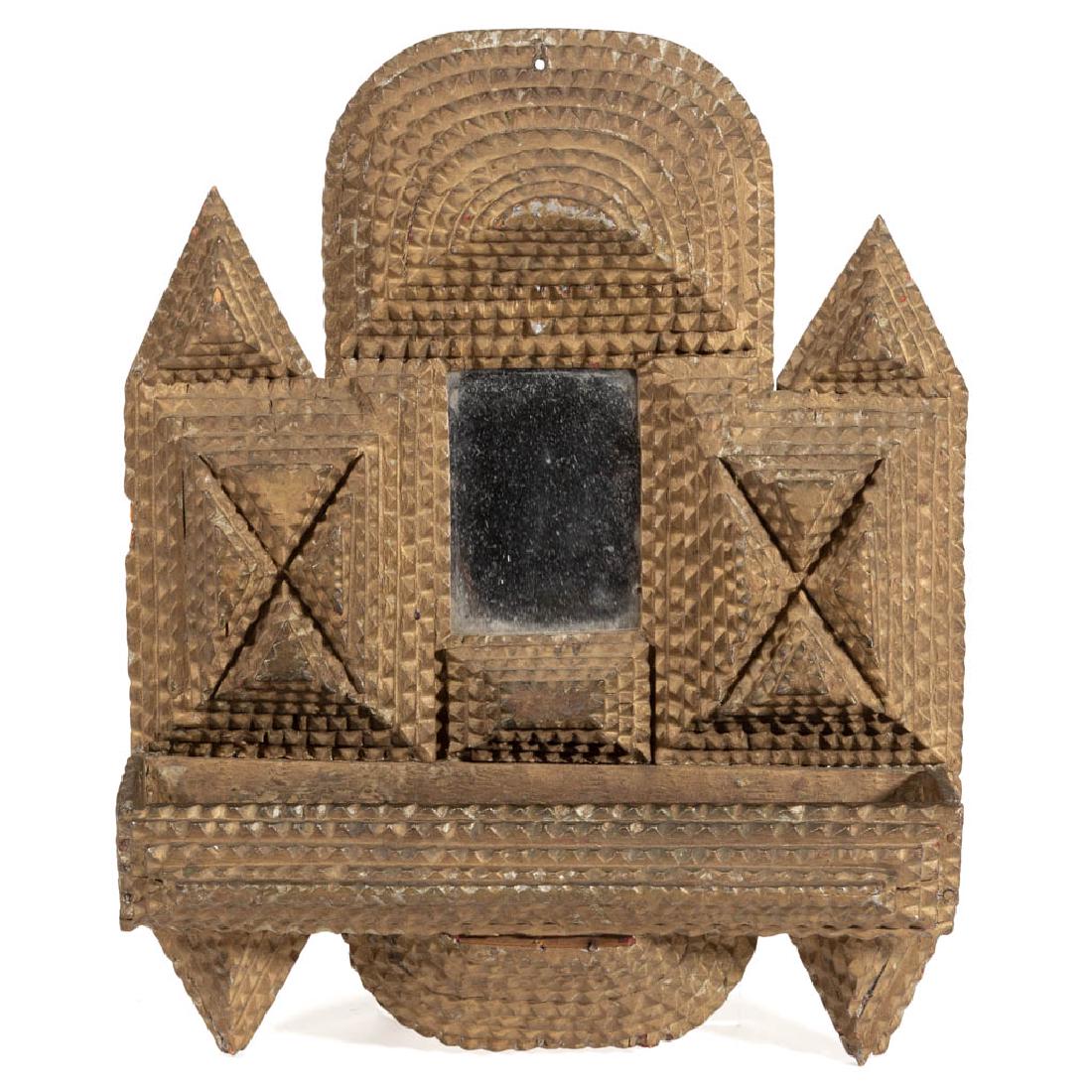 AMERICAN FOLK / TRAMP ART WALL / COMB BOX: AMERICAN FOLK / TRAMP ART WALL / COMB BOX, applied chip-carved decorations, original mirror plate flanked by pyramid-style patterns. Retains an old, possibly original, gold-painted surface. Probably P