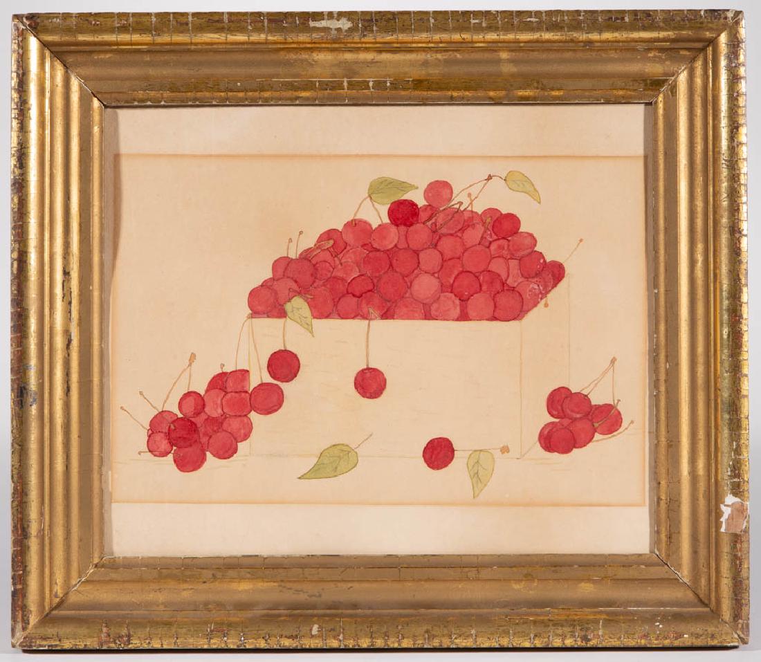 AMERICAN SCHOOL (19TH C.) FOLK ART STILL-LIFE DRAWING: AMERICAN SCHOOL (19TH C.) FOLK ART STILL-LIFE DRAWING, watercolor on paper, draftsman-like depiction of red-cherries in a crate, no signature located. Housed in an old gilt-wood frame. Fourth quarter 
