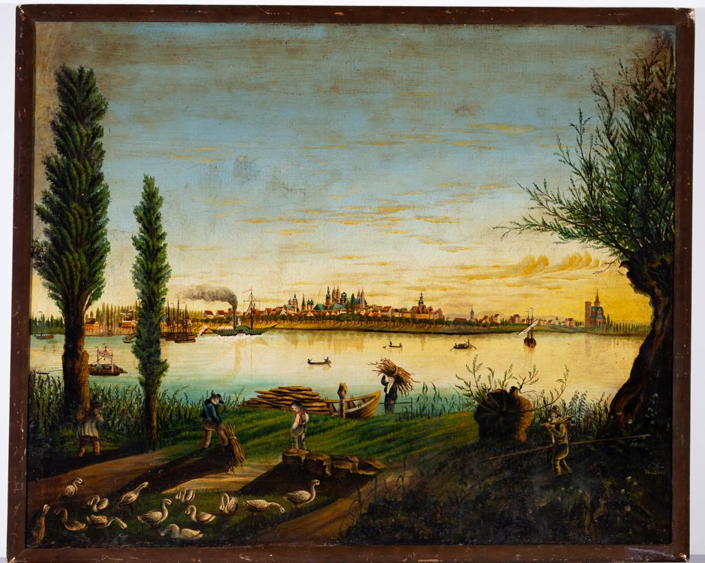 AMERICAN OR GERMAN SCHOOL (19TH C.) FOLK ART LANDSCAPE: AMERICAN OR GERMAN SCHOOL (19TH C.) FOLK ART LANDSCAPE WITH CITY VIEW, oil on canvas, a panoramic Rhine river scene with farmers and laborers in the foreground, spired buildings and other dwellings in