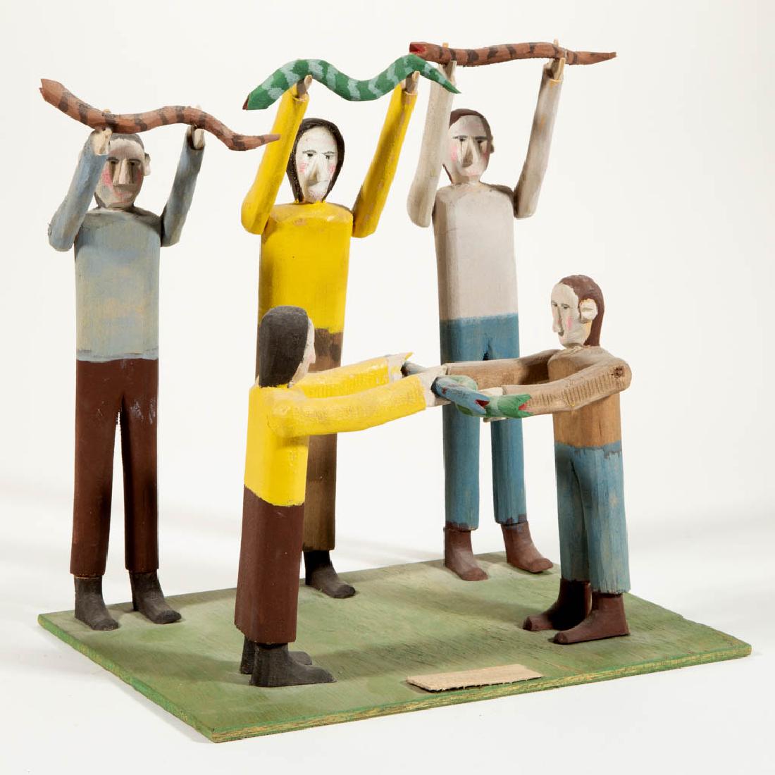 FRED WEBSTER (ALABAMA, 1911-1998) OUTSIDER ART CARVED: FRED WEBSTER (ALABAMA, 1911-1998) OUTSIDER ART CARVED AND PAINTED RELIGIOUS FIGURAL GROUP, a snake-handling ceremony, plaque inscribed by artist "SERPENTS WANT (sic) HARM / A CHILD OF GOD / THEY LOVE 
