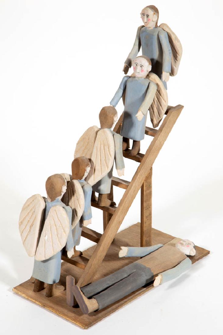 FRED WEBSTER (ALABAMA, 1911-1998) OUTSIDER ART CARVED: FRED WEBSTER (ALABAMA, 1911-1998) OUTSIDER ART CARVED AND PAINTED RELIGIOUS FIGURAL GROUP, a Biblically-inspired representation of Jacob's Ladder, plaque inscribed by artist "DREAM JACOB / THE ANGELS 