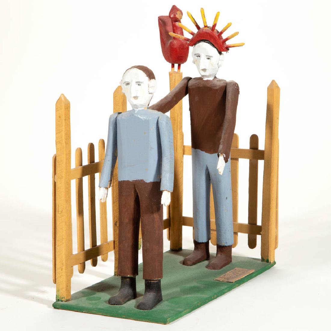 FRED WEBSTER (ALABAMA, 1911-1998), ATTRIBUTED, OUTSIDER: FRED WEBSTER (ALABAMA, 1911-1998), ATTRIBUTED, OUTSIDER ART CARVED AND PAINTED RELIGIOUS FIGURAL GROUP, a Biblically-inspired depiction of Peter denying Jesus, plaque inscribed by artist "PETER DON'T 