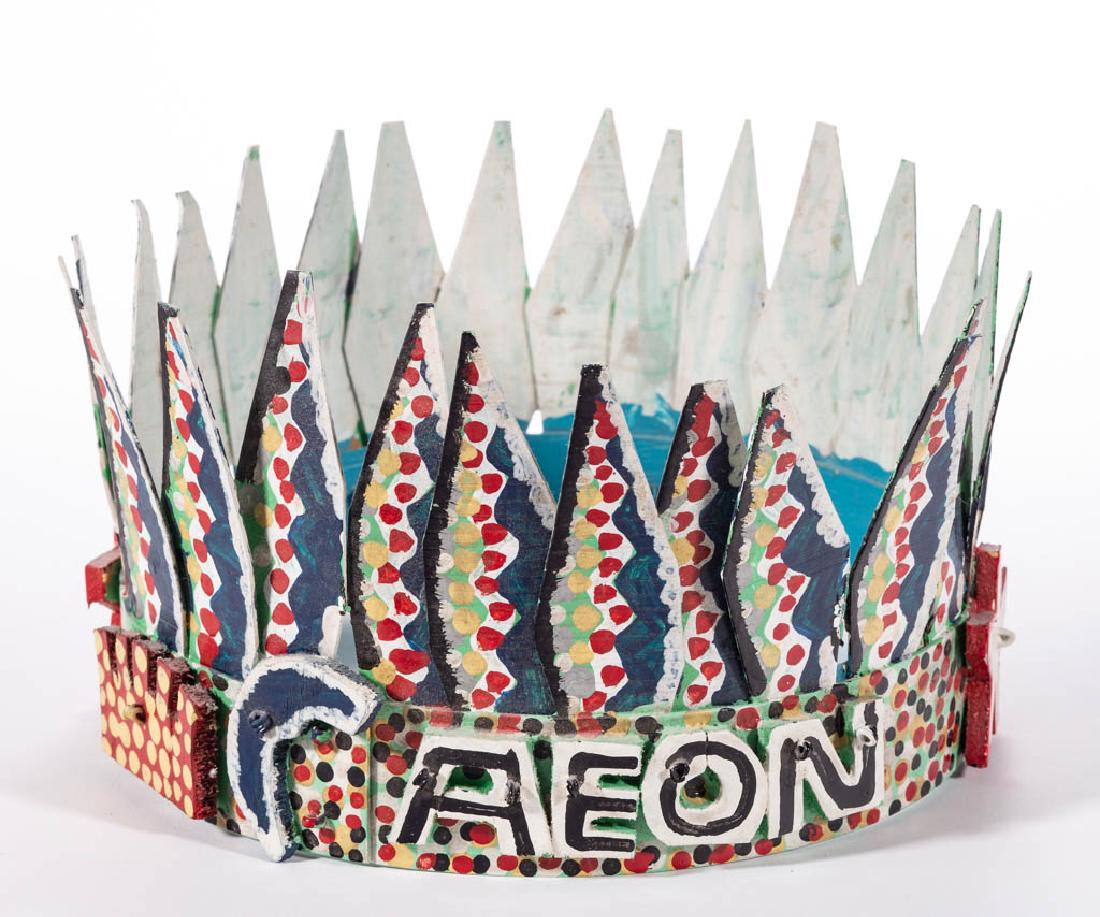 JAMES HAROLD JENNINGS (NORTH CAROLINA,1931-1999): JAMES HAROLD JENNINGS (NORTH CAROLINA,1931-1999) OUTSIDER ART PAINT-DECORATED CROWN, constructed of cut vinyl siding fragments, bearing "AEON" designation, white stars, and exuberant polychrome decora