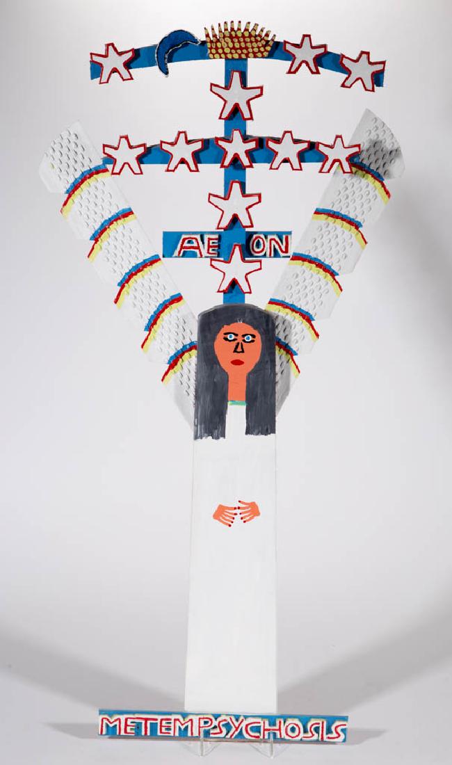 JAMES HAROLD JENNINGS (NORTH CAROLINA,1931-1999): JAMES HAROLD JENNINGS (NORTH CAROLINA,1931-1999) OUTSIDER ART PAINT-DECORATED "METEMPSYCHOSIS" ANGEL FIGURE, wood and cut vinyl siding fragments, with cut-out stars and letters, marked "AEON". Origina