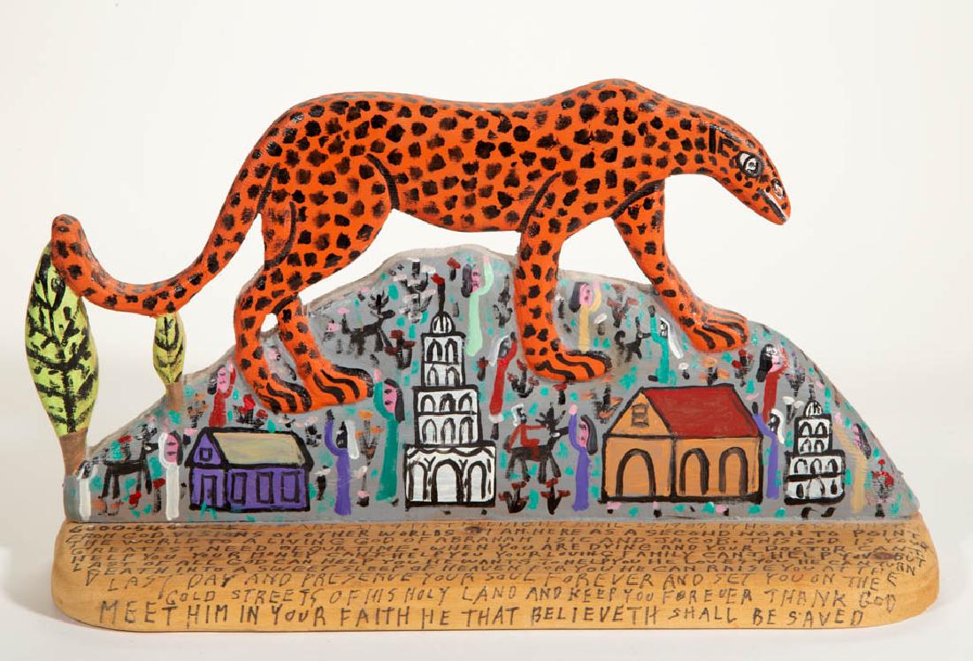 HOWARD FINSTER (GEORGIA, 1916-2001) CARVED AND PAINTED: HOWARD FINSTER (GEORGIA, 1916-2001) CARVED AND PAINTED OUTSIDER ART FIGURE OF A CHEETAH, lengthy inscriptions, mostly religious, signed and dated "6000.545 ART - 2:39 - PAST MIDNIGHT APRIL - 29 - 1987