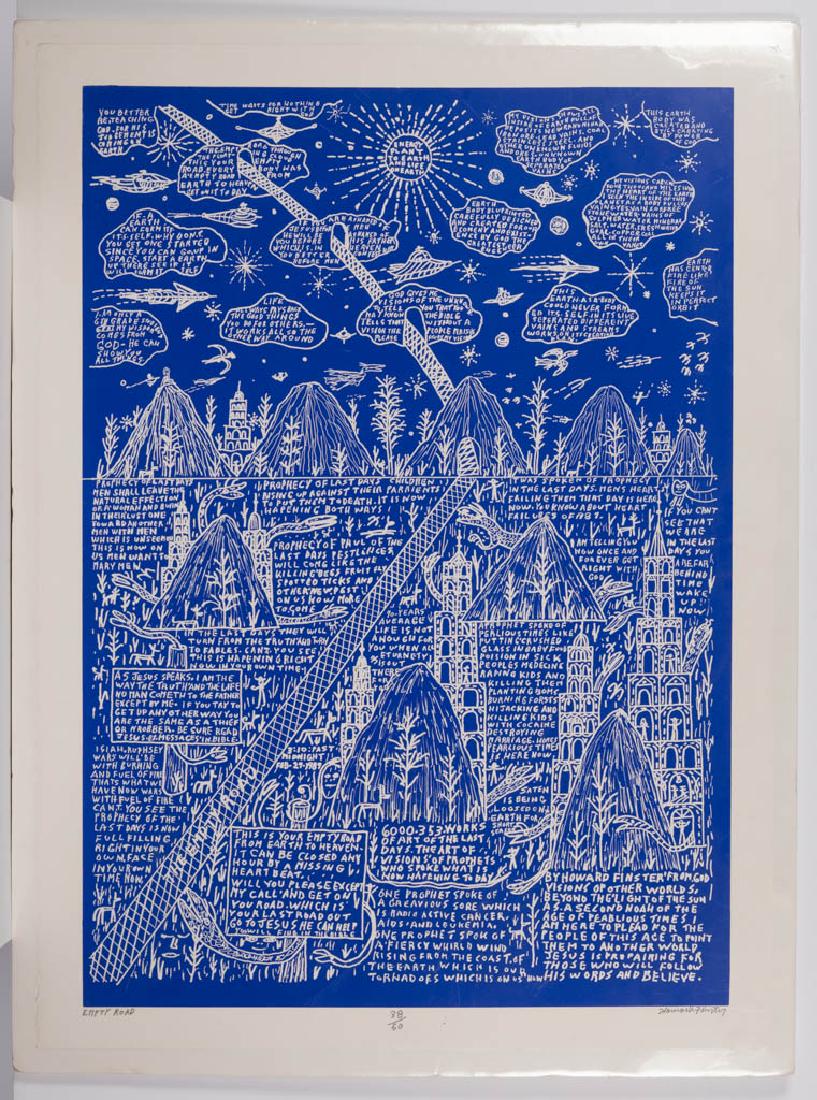 HOWARD FINSTER (GEORGIA, 1916-2001) OUTSIDER ART "EMPTY: HOWARD FINSTER (GEORGIA, 1916-2001) OUTSIDER ART "EMPTY ROAD" PRINT, pencil signed, titled, and numbered in lower margin "EMPTY ROAD / 38/60 /Howard Finster". Unframed. Circa 1987. 40 1/2" x 30" objec