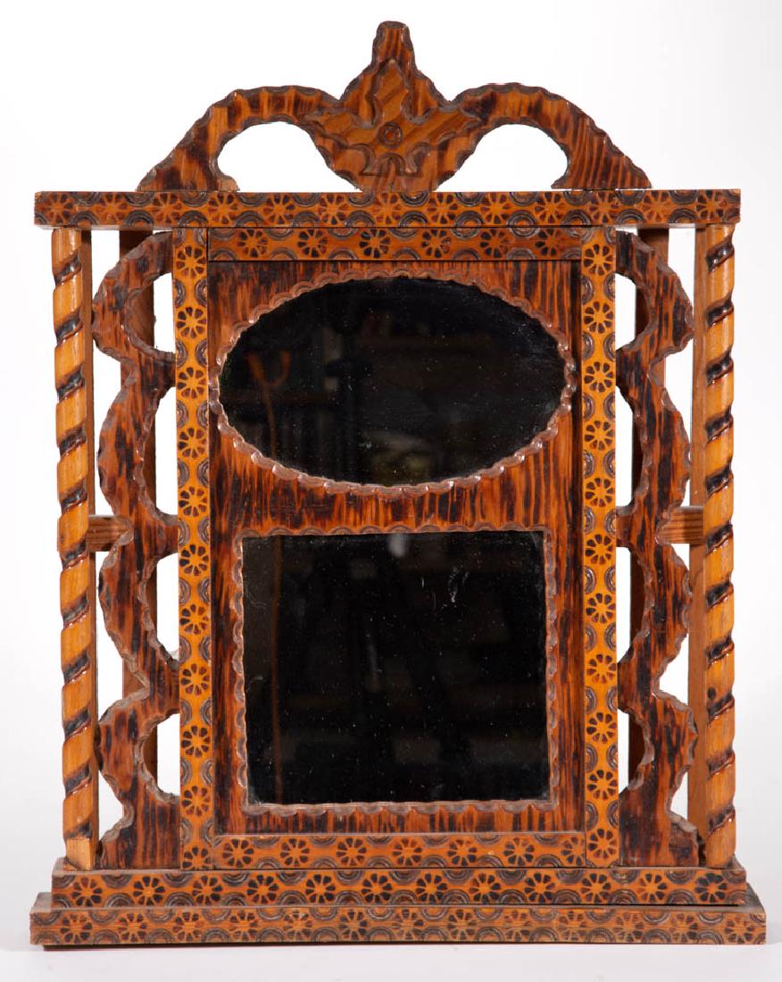 HOWARD FINSTER (GEORGIA, 1916-2001), ATTRIBUTED,: HOWARD FINSTER (GEORGIA, 1916-2001), ATTRIBUTED, OUTSIDER ART CARVED CLOCK CASE, no signature located. Original varnished surface with pyrographic decoration. Circa 1987. 21 3/4" HOA, 17 1/4" WOA. Exc