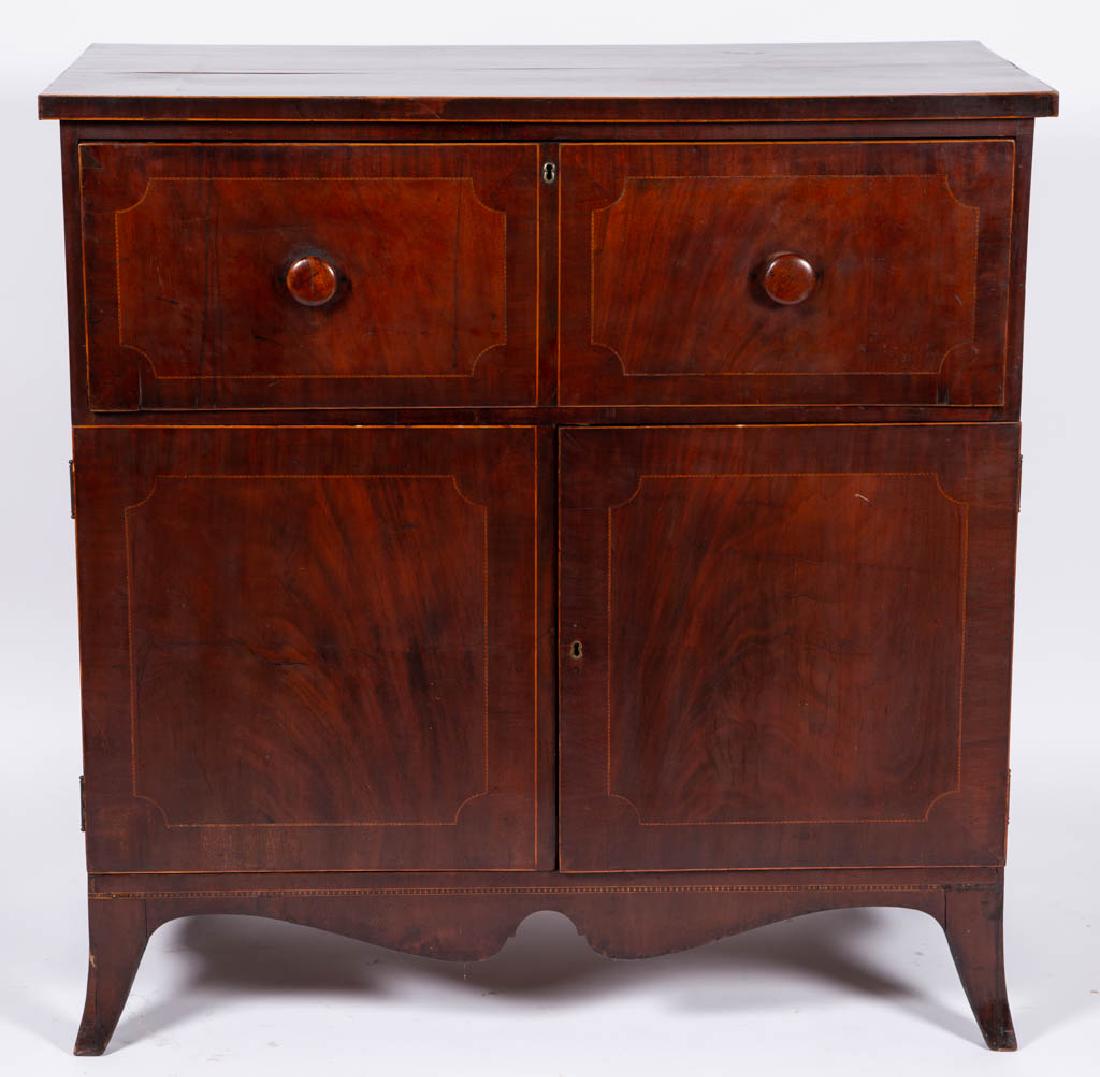 VIRGINIA INLAID MAHOGANY BUTLER'S DESK / LINEN PRESS: VIRGINIA INLAID MAHOGANY BUTLER'S DESK / LINEN PRESS, rectangular top, above hinged fall board concealing an interior fitted with multiple drawers and cubby holes, over two hinged doors, concealing th