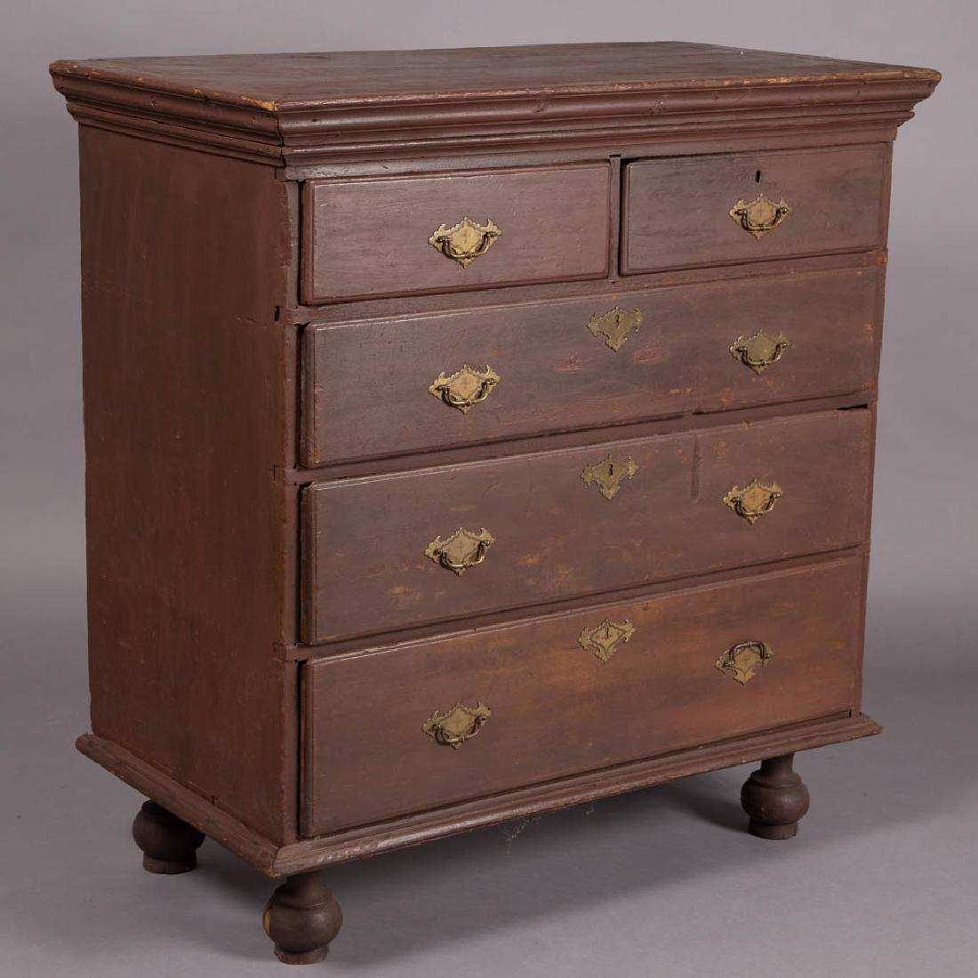 AMERICAN WILLIAM AND MARY PAINTED PINE CHEST OF DRAWERS: AMERICAN WILLIAM AND MARY PAINTED PINE CHEST OF DRAWERS, dovetailed case, top with applied edged molding, above two over three drawers with possibly original pulls, raised on what appear to be its ori